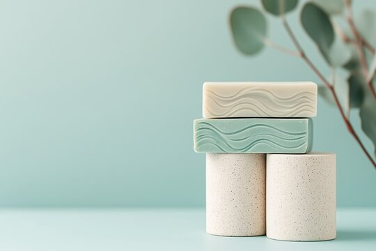 Natural handmade soap bar stacked on pastel background with green foliage