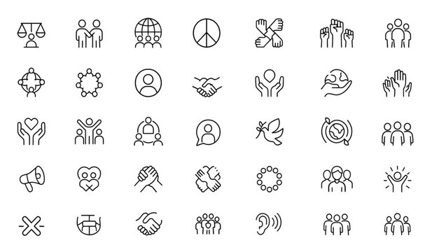 Vector line icon set of diversity and inclusion: thin linear pictograms of equality, unity, multicultural collaboration, interconnected hands, peace, raised fists illustration, community