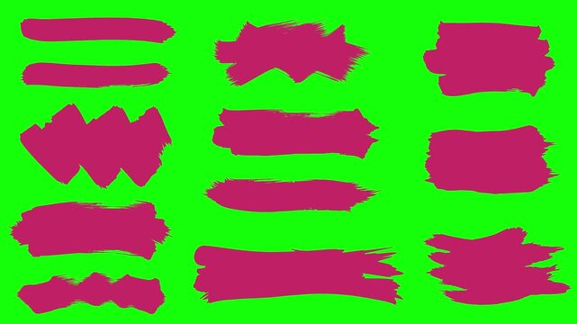 Vibrant Magenta Abstract Brush Stroke Elements on Green Screen Description: Bright magenta painted strokes animated across a green screen backdrop. This high-contrast visual element is perfect for mod