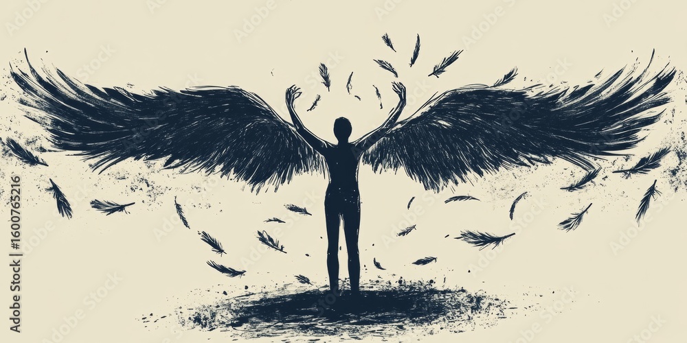 Poster a captivating silhouette of a figure with expansive wings surrounded by floating feathers. this artw