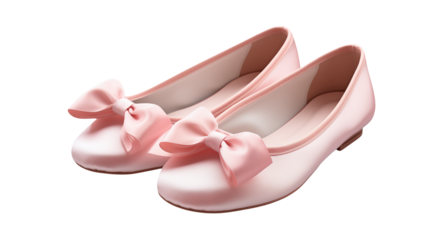 A pair of light pink ballet flats with bows, displayed on a transparent background, soft and elegant style