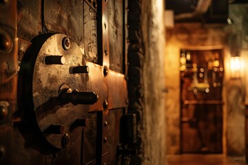Old wooden door with metal fittings and handle in a dimly lit, vintage interior