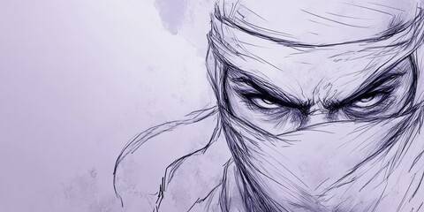 This intense sketch features a mysterious ninja character with a covered face and piercing eyes, evoking feelings of stealth and power in a dramatic design.