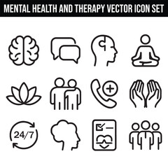Mental Health and Therapy Vector Icon Set with Adjustable Line Weight Featuring Brain, Speech Bubble, Puzzle, Conversation, Meditation, Lotus, Support, Call, Empathy, 24/7, Cloud Thinking, and Checkle