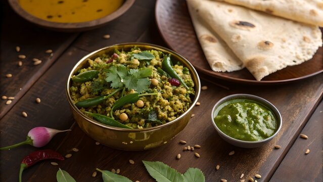Kaalu Palya with Jolad Roti &ndash; South Indian Sprouted Legume Stir-Fry on Rustic Wooden Table