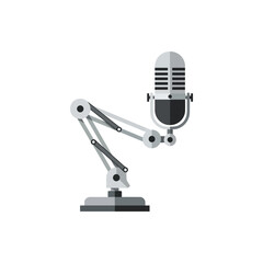 Sleek flat design illustration of a classic studio microphone on an adjustable boom arm, perfect for professional audio recording, broadcasting, and modern podcasting setups.