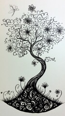 This elegant hand-drawn tree features intricate flowers and delightful swirls, perfect for enhancing any creative project or decor with its artistic charm.