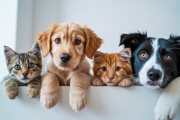 Four adorable pets together kitten puppy