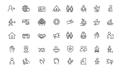 Humanitarian Aid Refugee Crisis icon set: vector thin line pictograms of migration, relief efforts, global support, displaced person ID card, tent shelter, family immigration, refugee assistance