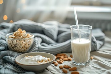 Bright and airy composition glass of fresh milk with straw, accompanied by scattered almonds and small bowl of crunchy cereal, illuminated by soft natural light