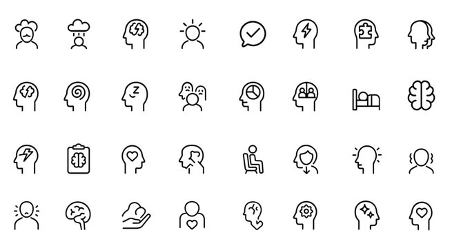 Mental Disorders icon set: thin linear vector pictograms illustrating health conditions including anxiety, depression, ADHD, OCD, PTSD, autism spectrum, insomnia, phobias, borderline personality,