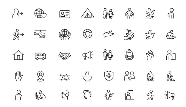 Humanitarian Aid Refugee Crisis icon set: vector thin line pictograms of migration, relief efforts, global support, displaced person ID card, tent shelter, family immigration, refugee assistance