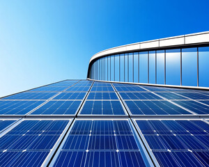 Obraz premium Solar panels on a modern building against a clear blue sky. Concept of renewable energy, sustainability, architecture.