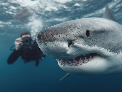 Scuba diver photographs Great White Shark underwater