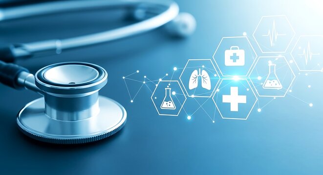 Professional stethoscope on a dark blue surface beside glowing hexagonal medical icons representing digital healthcare innovation.