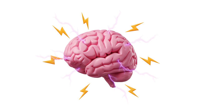 A creative concept of neural stimulation and cognitive power, showing a brain with vibrant lightning strikes on an isolated background.