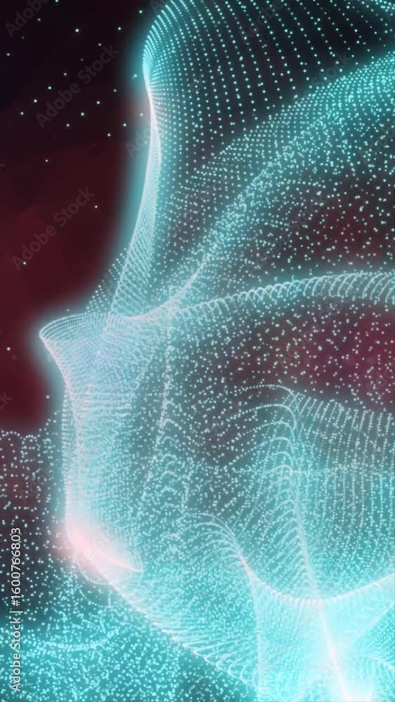 Poster abstract pink light wave formed by glowing particles, creating a fluid and flowing digital mesh stru