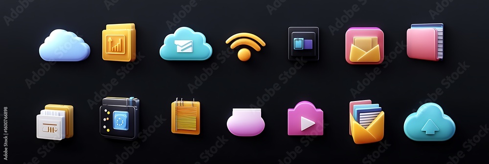 Poster stylish 3d vector icons for cloud computing and file sharing on a deep black background