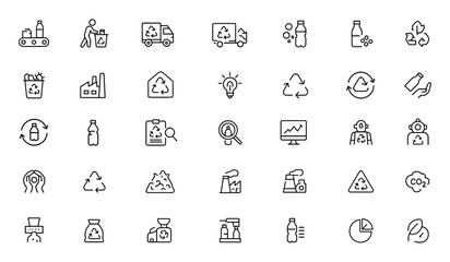 Recycled plastic icon set in thin linear style. Vector pictograms of conveyor, waste sorting process, truck, bin, logistics, chemical, thermal energy, sustainability, reuse, illustration, eco.