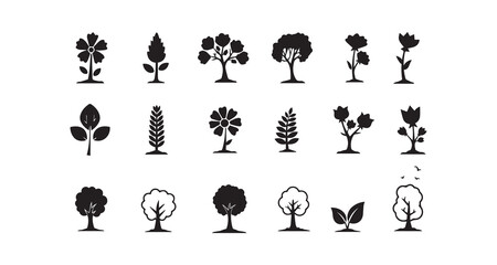 Black and White Tree and Flower Silhouette Icon Set