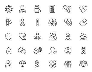 Vector HIV AIDS medical icon set with thin linear pictograms of virus, doctor, medication, tablet, capsule, test, ribbon, positive, negative, healthcare, protection, support illustration, awareness.