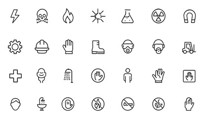 Safety industrial label glyph icon set with vector pictograms of high voltage, toxic, flammable, explosive, corrosive, radioactive, magnetic, laser hazard, black silhouette illustration.