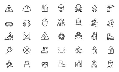 Hazard construction site icon set glyph. Vector illustrations of emergency, respirator, mask, fire, drill, goggles, ear protection, assembly, black silhouette pictograms, safety gear, work site.