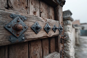 Old wooden door with corroded metal details