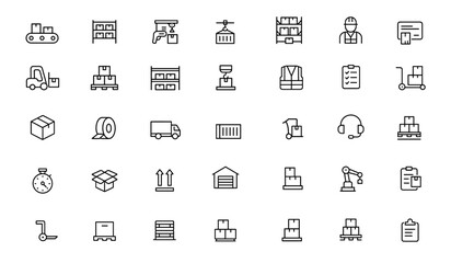 Warehouse equipment icon set line vector. Thin linear pictograms of conveyor, shelving, barcode scanner, crane, racking, safety vest worker, label illustration, logistics tools, industry illustration.