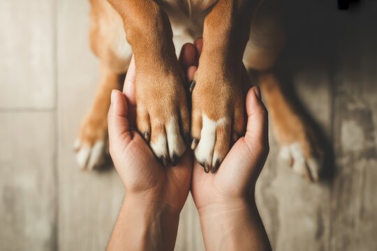 Human hands holding dog paws friendship trust