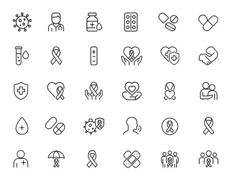 Vector HIV AIDS medical icon set with thin linear pictograms of virus, doctor, medication, tablet, capsule, test, ribbon, positive, negative, healthcare, protection, support illustration, awareness.