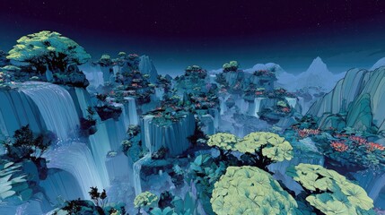 Pixelated Night Landscape Village With Waterfalls