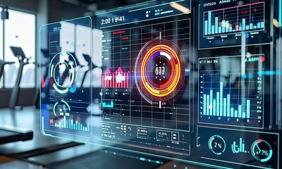 Gym interior with futuristic digital display showing fitness data - Powered by Adobe