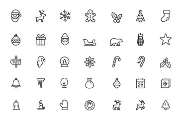 Vector Christmas icon set: thin linear illustrations and pictograms featuring Santa Claus, reindeer, snowflake, gingerbread man, holiday decorations, Christmas tree, festive design, seasonal icons.
