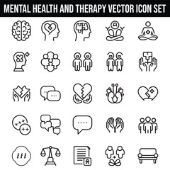Mental Health and Therapy Vector Icon Set with Adjustable Line Weight Featuring Brain, Speech Bubble, Puzzle, Conversation, Meditation, Lotus, Support, Call, Empathy, 24/7, Cloud Thinking, and Checkle