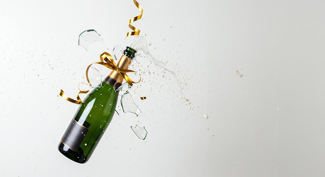 Champagne splash success, celebrate a New Year or promotion with bursting bottle, ribbon, and flying glass shards.