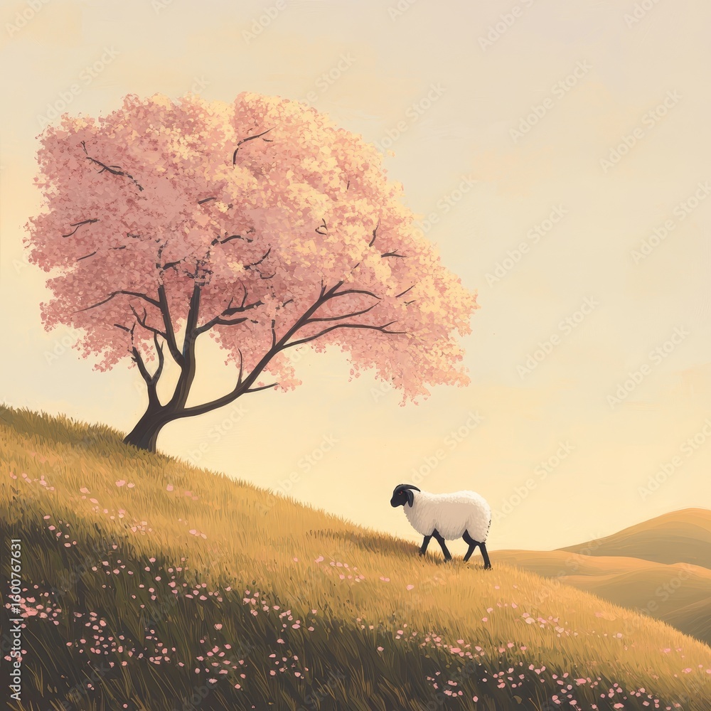 Poster sheep is walking in a field with a tree in the background. the scene is peaceful and serene, with th