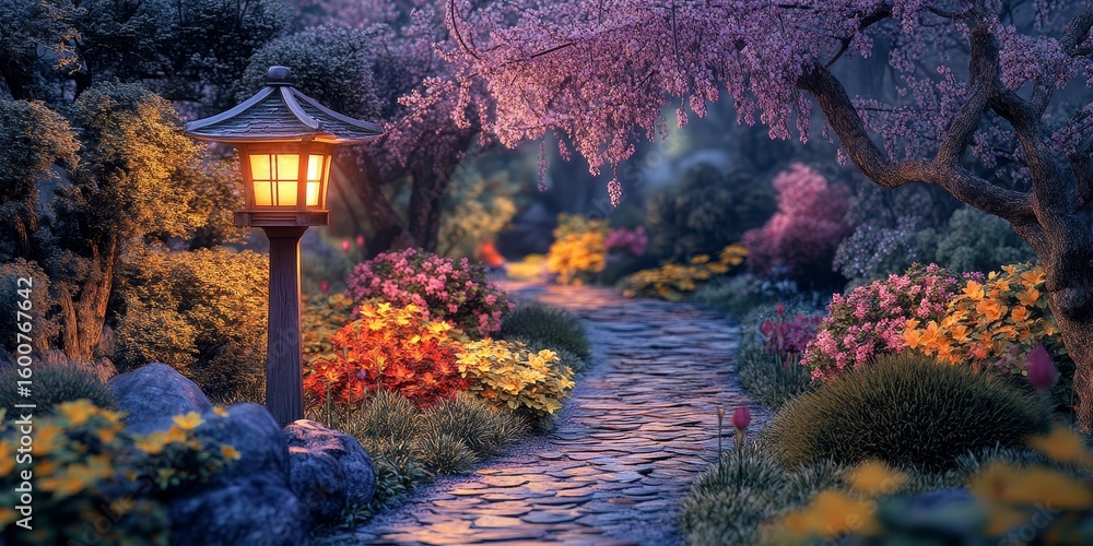 Poster path in a garden with a lantern on the left side
