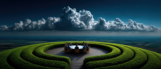 Surreal concept of corporate meeting at round table in the middle of nature