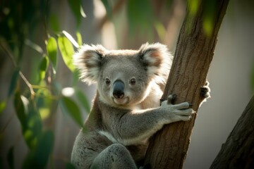 Fototapeta premium Koala clinging to eucalyptus tree animal wildlife