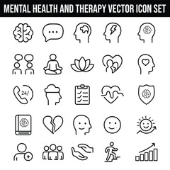 Mental Health and Therapy Vector Icon Set with Adjustable Line Weight Featuring Brain, Speech Bubble, Puzzle, Conversation, Meditation, Lotus, Support, Call, Empathy, 24/7, Cloud Thinking, and Checkle