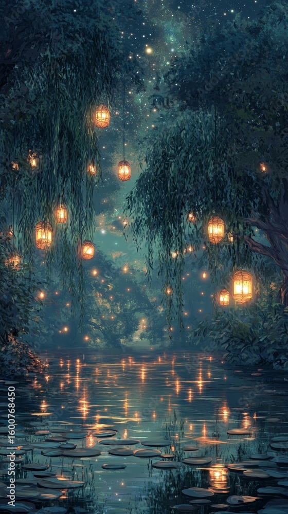 Poster forest scene with a river and trees. the trees are lit up with lanterns and the water is reflecting 