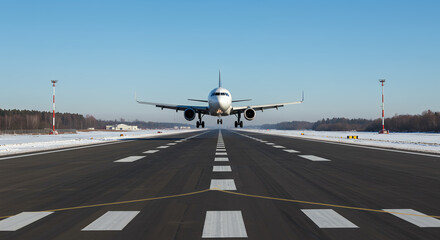 Fototapeta premium Airplane landing on runway in winter against a clear blue sky, emphasizing aviation, travel, transportation, and the airport environment.