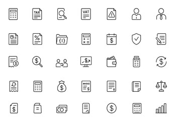 Vector icon set of tax, bookkeeping, budgeting, and compliance line symbols. Includes audit, VAT, forms, penalty, accountant, financial statements, deductions, bracket, payment tracking, and more.
