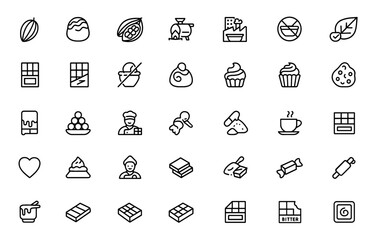 Chocolate dessert icon set with production process, cocoa beans, truffle, roasting, factory, ingredients, allergy-friendly symbols, chocolate types, sweets, confectionery, and more.