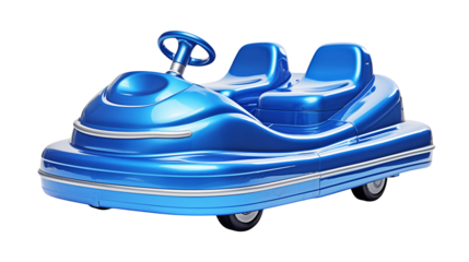 A shiny blue bumper car with two seats and a steering wheel isolated on a transparent background studio shot