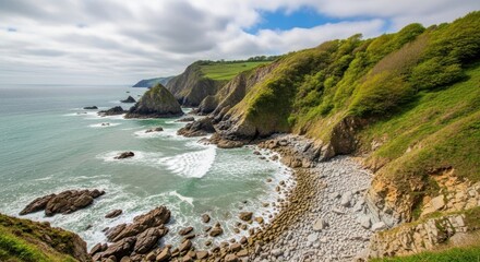 Fototapeta premium Picturesque Coastal Landscape With Green Cliffs Meeting the Sea