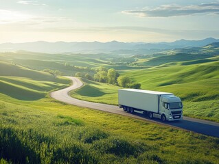 A large truck drives down a winding road surrounded by lush green fields and rolling hills. It's a bright day with clear skies, showcasing the beauty of nature.