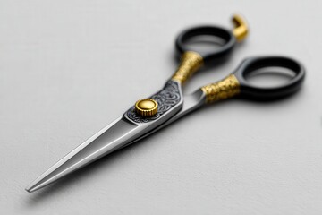 Close-up of ornate barber scissors on grey surface