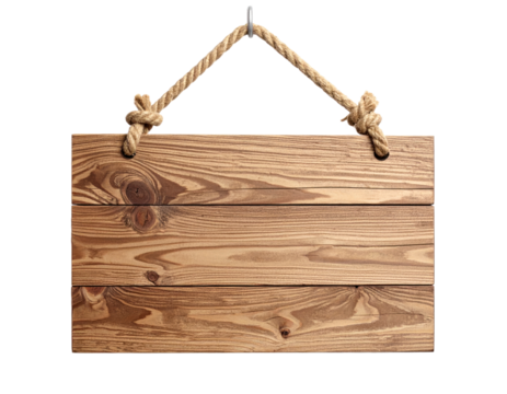 Wooden Signboard Hanging By Rope With Detailed Wooden Texture Against Transparent Background